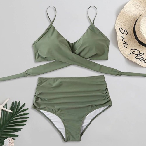 Strój Kąpielowy Wysoki Stan Bikini Wiązanie Boho Zielony.jpg