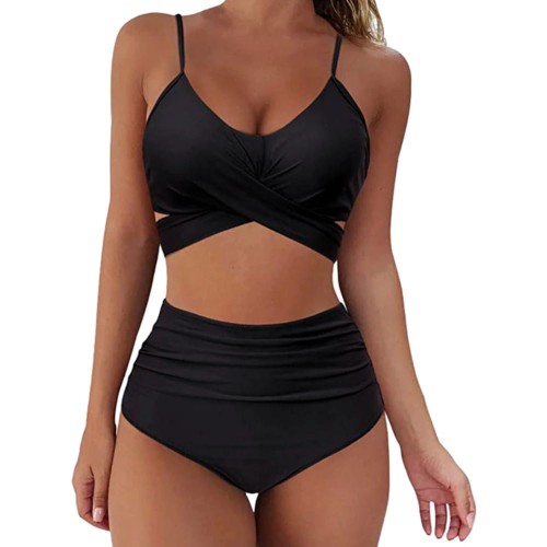 Strój Kąpielowy Wysoki Stan Bikini Wiązanie Boho Czarny.jpg