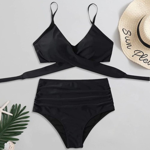 Strój Kąpielowy Wysoki Stan Bikini Wiązanie Boho Czarny.jpg