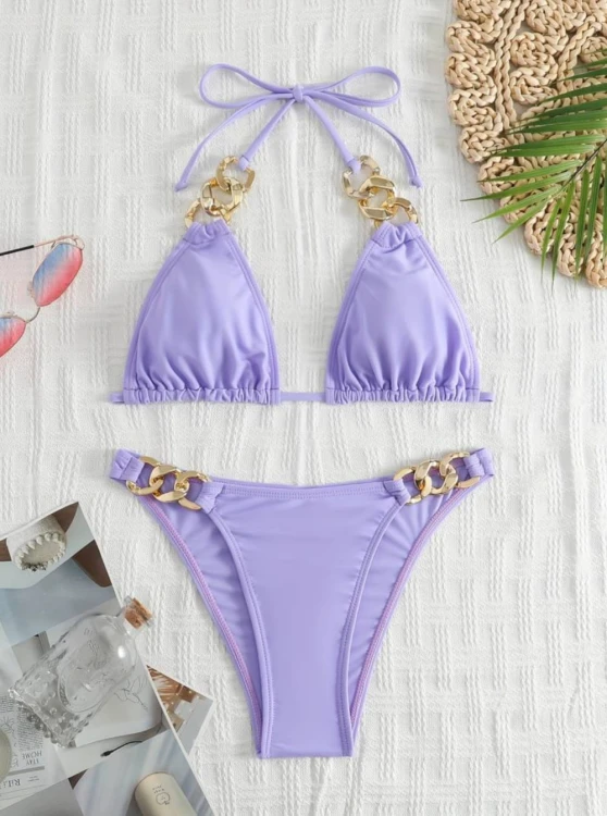Strój Kąpielowy Fioletowy Bikini Złote Łańcuchy.jpg