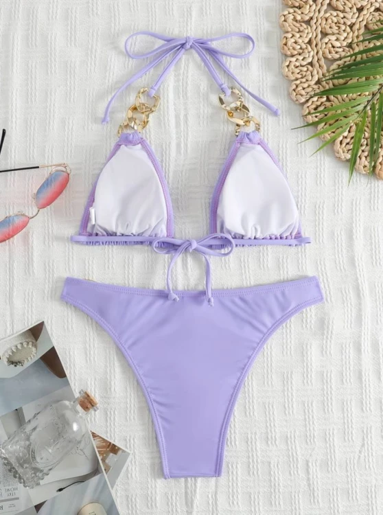 Strój Kąpielowy Fioletowy Bikini Złote Łańcuchy