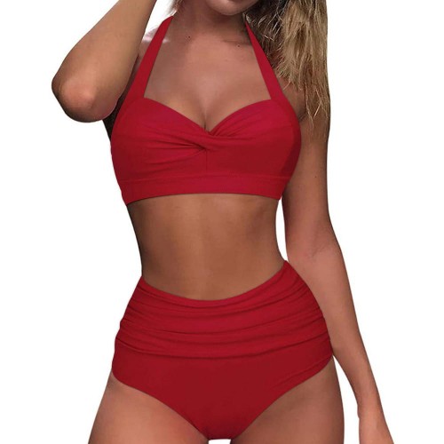 Strój Kąpielowy Wysoki Stan Bikini Bordowe