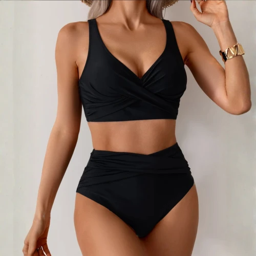 Strój Kąpielowy Wysoki Stan Bikini Czarne