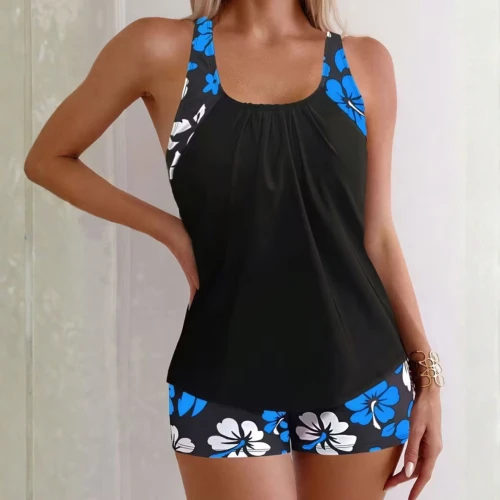 Tankini Dwuczęściowy Strój Kąpielowy Z Koszulką Kwiaty Niebieski
