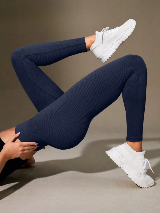 Legginsy Damskie Prążkowane Kryjące Granatowe.png