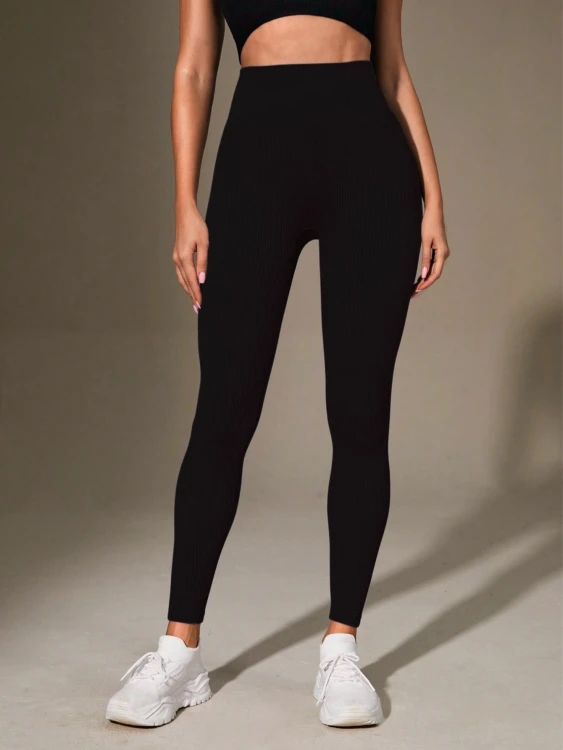Legginsy Damskie Prążkowane Kryjące Czarne.png