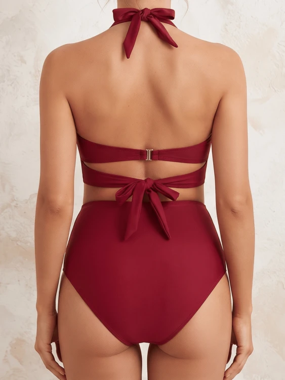 Strój Kąpielowy Wysoki Stan Bikini Bordowe