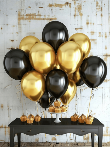 Balony Czarno - Złote Dekoracja Na Przyjęcie Zestaw