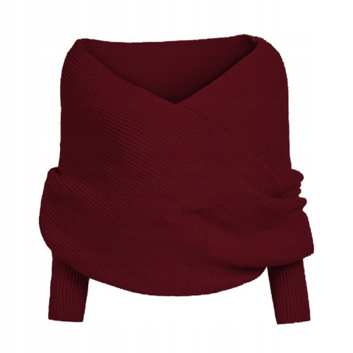 Modny Ciepły Sweter Ponczo Szal Narzutka Bordowy