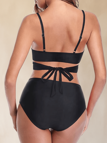 Strój Kąpielowy Wysoki Stan Bikini Wiązanie Boho Czarny