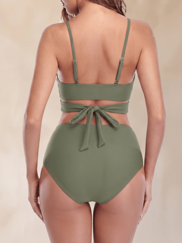 Strój Kąpielowy Wysoki Stan Bikini Wiązanie Boho Zielony