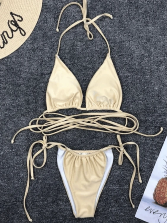 Strój Kąpielowy Sexy Bikini Wiązane Beżowe