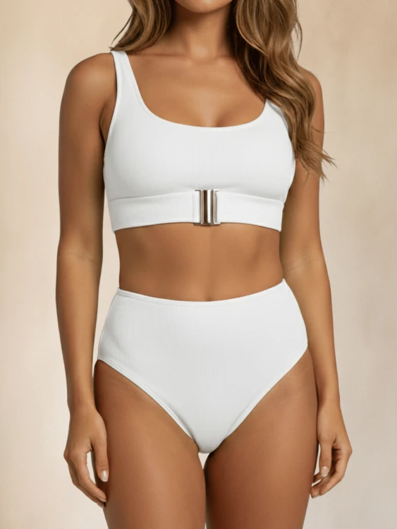 Strój Kąpielowy Wysoki Stan Bikini Biały