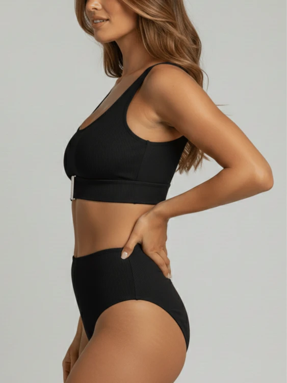 Strój Kąpielowy Wysoki Stan Bikini Czarny