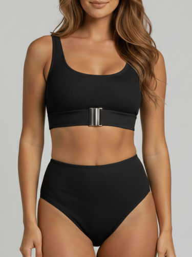 Strój Kąpielowy Wysoki Stan Bikini Czarny
