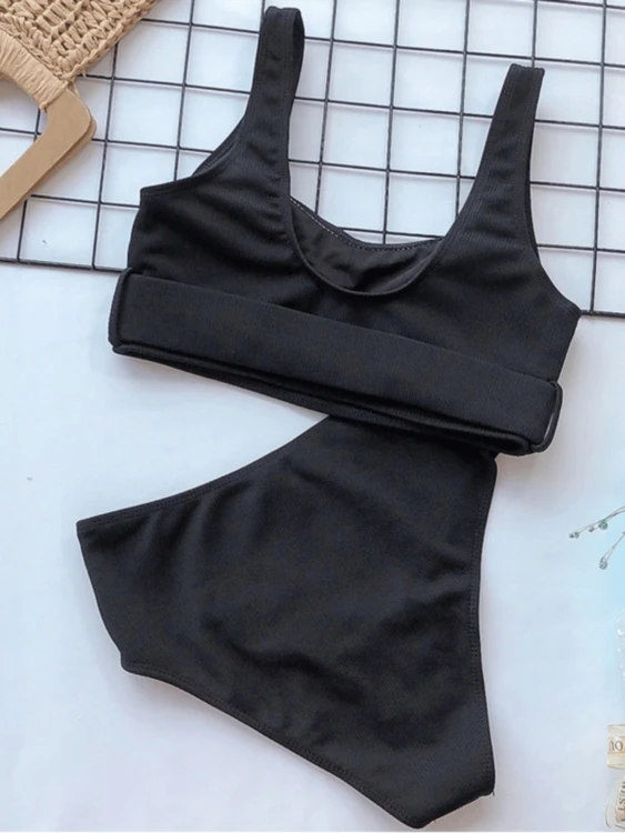 Strój Kąpielowy Wysoki Stan Bikini Czarny