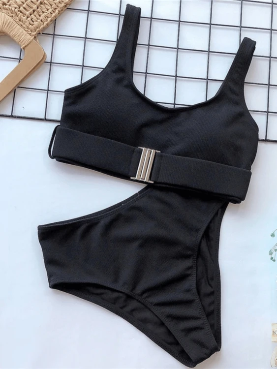 Strój Kąpielowy Wysoki Stan Bikini Czarny