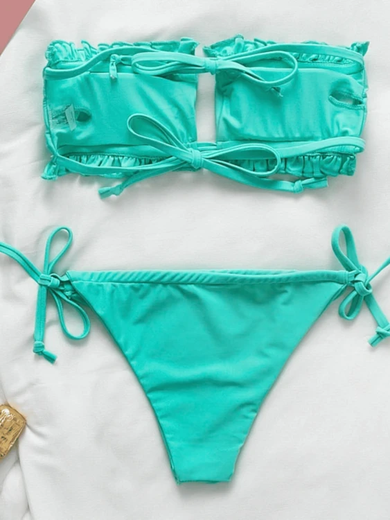 Strój Kąpielowy Zielone Bikini Opaska Marszczona