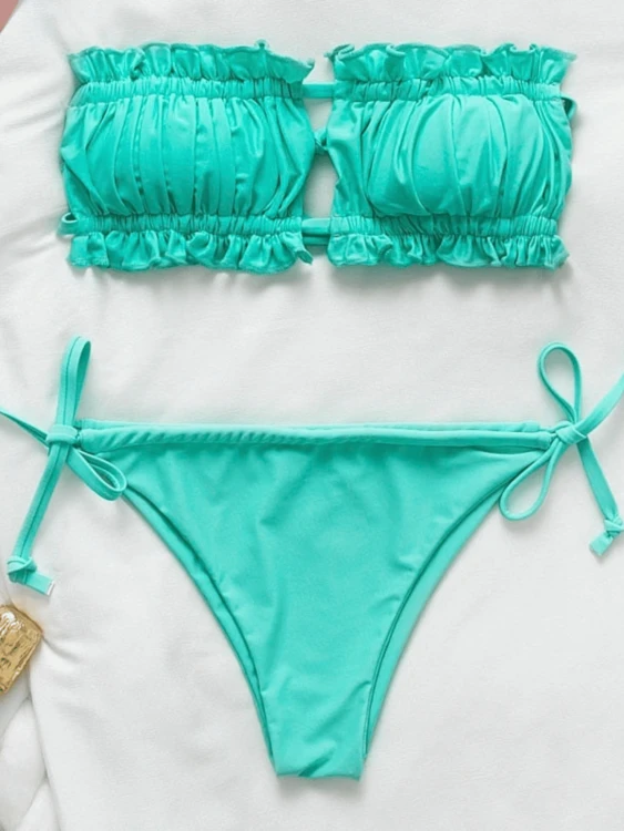 Strój Kąpielowy Zielone Bikini Opaska Marszczona