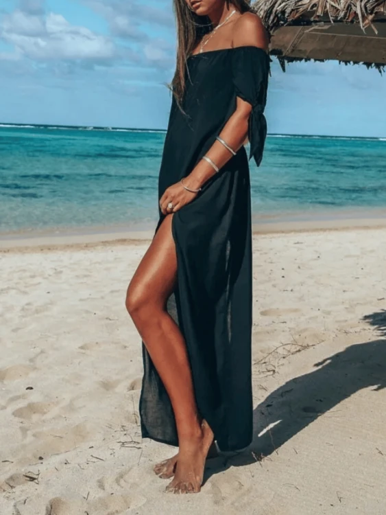 Letnia Sukienka Maxi Tunika Szyfon Czarna
