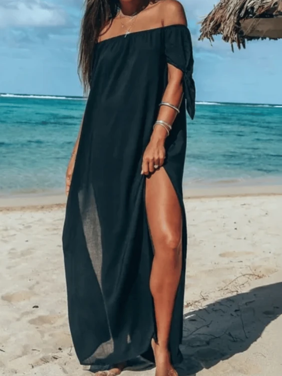 Letnia Sukienka Maxi Tunika Szyfon Czarna